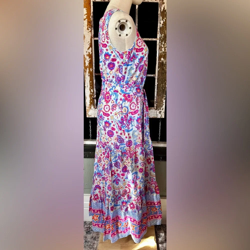 Talbots 2 Petite Floral Cotton Maxi Dress Sleeveless Scoop Neck Belted - Picture 4 of 8